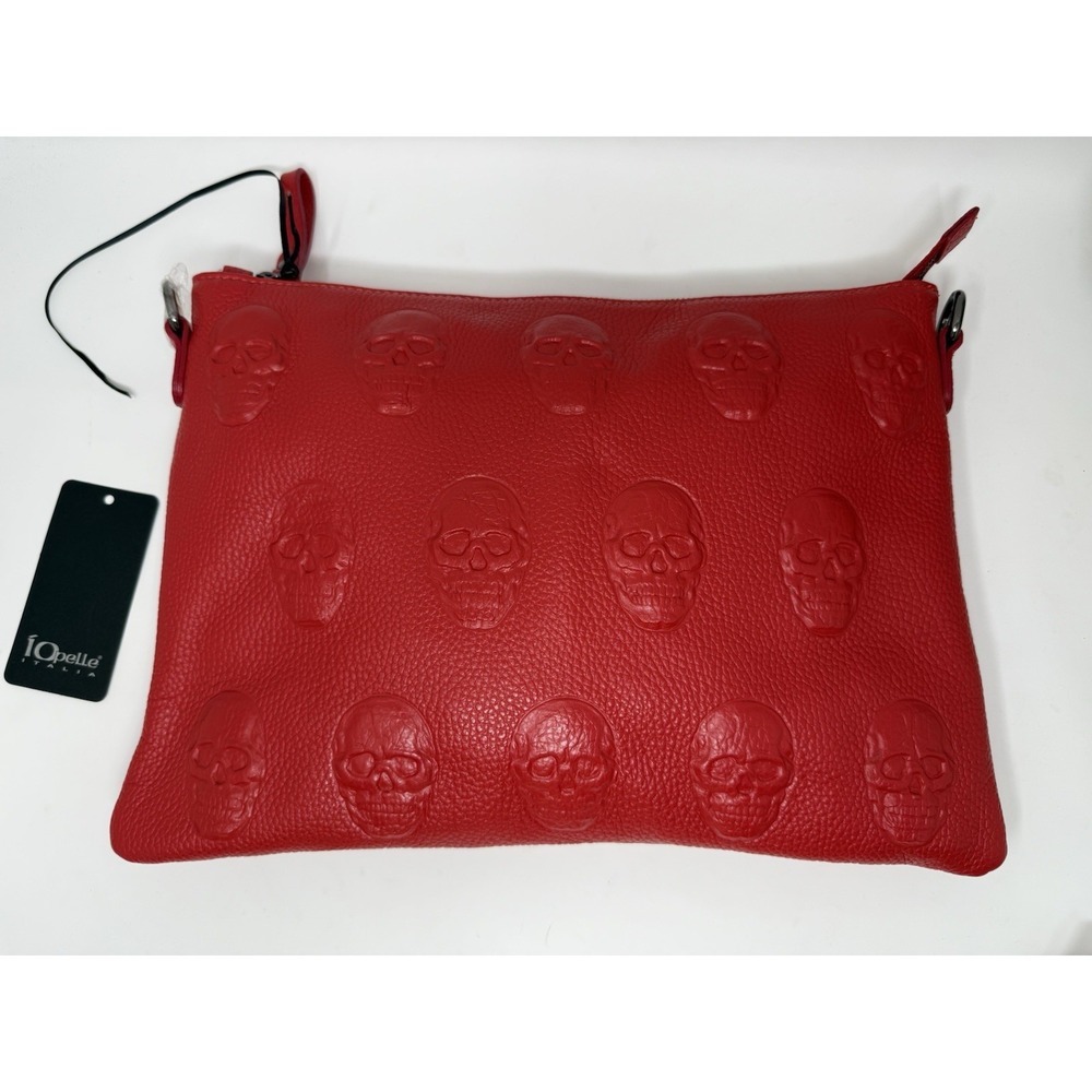 IO Pelle Italia Leather Mousse Rouge Red Embossed Skull Crossbody Bag NWT